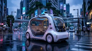 Voiture électrique autonome blanche dans ville futuriste illuminée