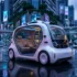 Voiture électrique autonome blanche dans ville futuriste illuminée