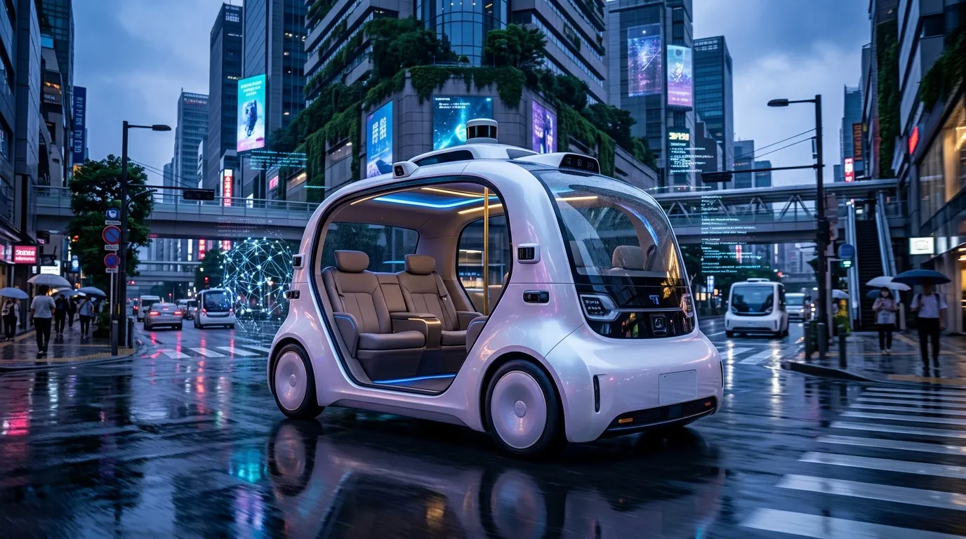 Voiture électrique autonome blanche dans ville futuriste illuminée