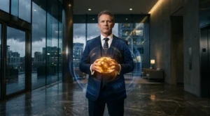 Homme d'affaires tenant une sphère lumineuse dorée dans un bureau moderne