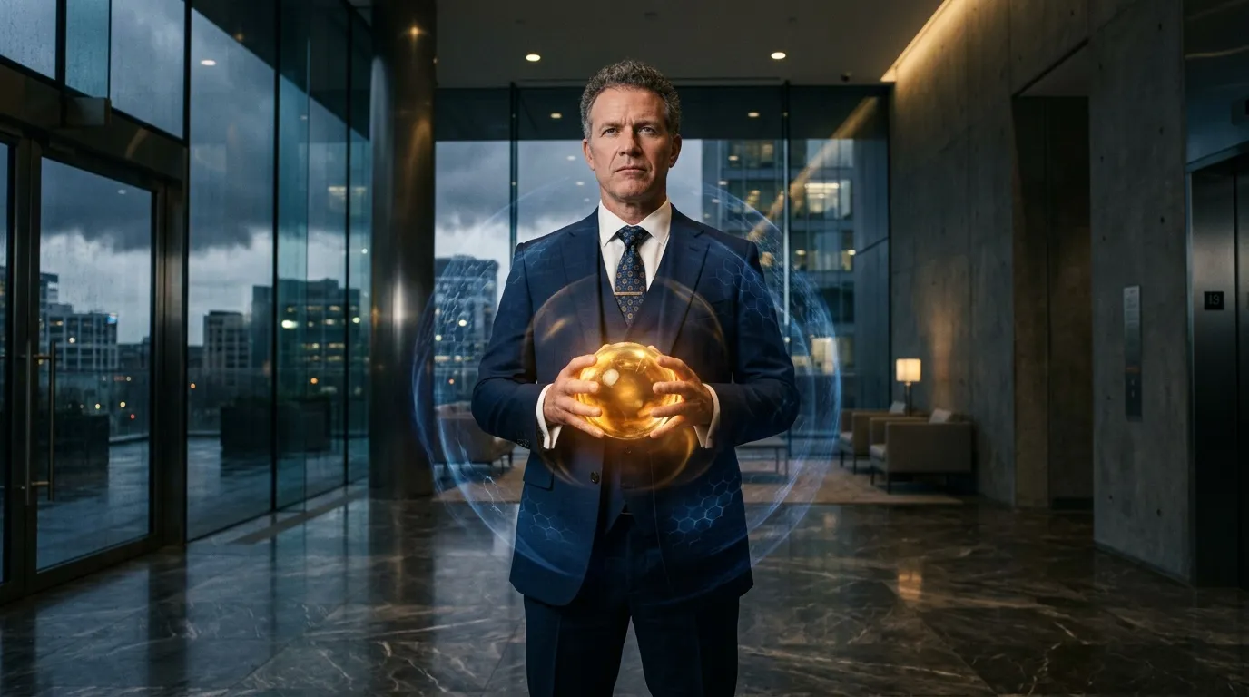Homme d'affaires tenant une sphère lumineuse dorée dans un bureau moderne