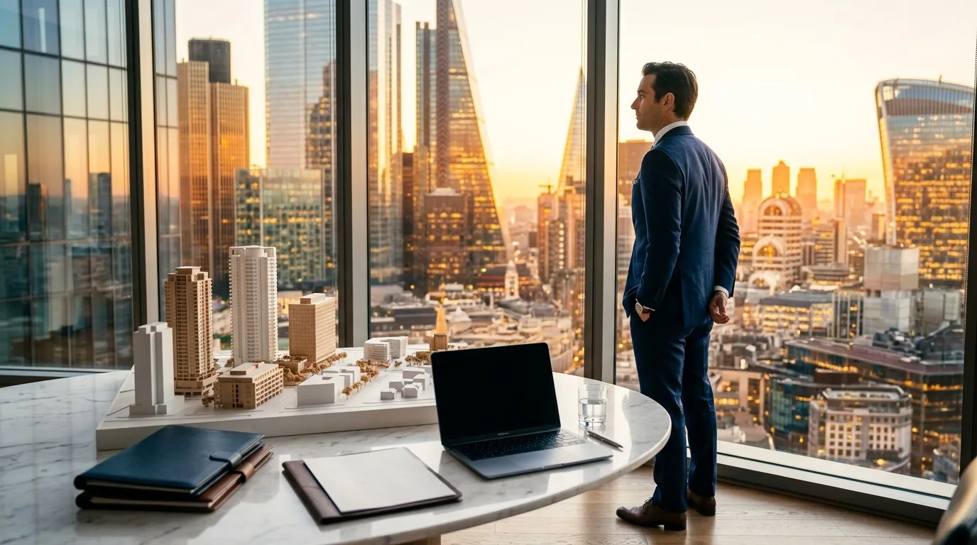 Homme en costume bleu observant la ville depuis un bureau panoramique
