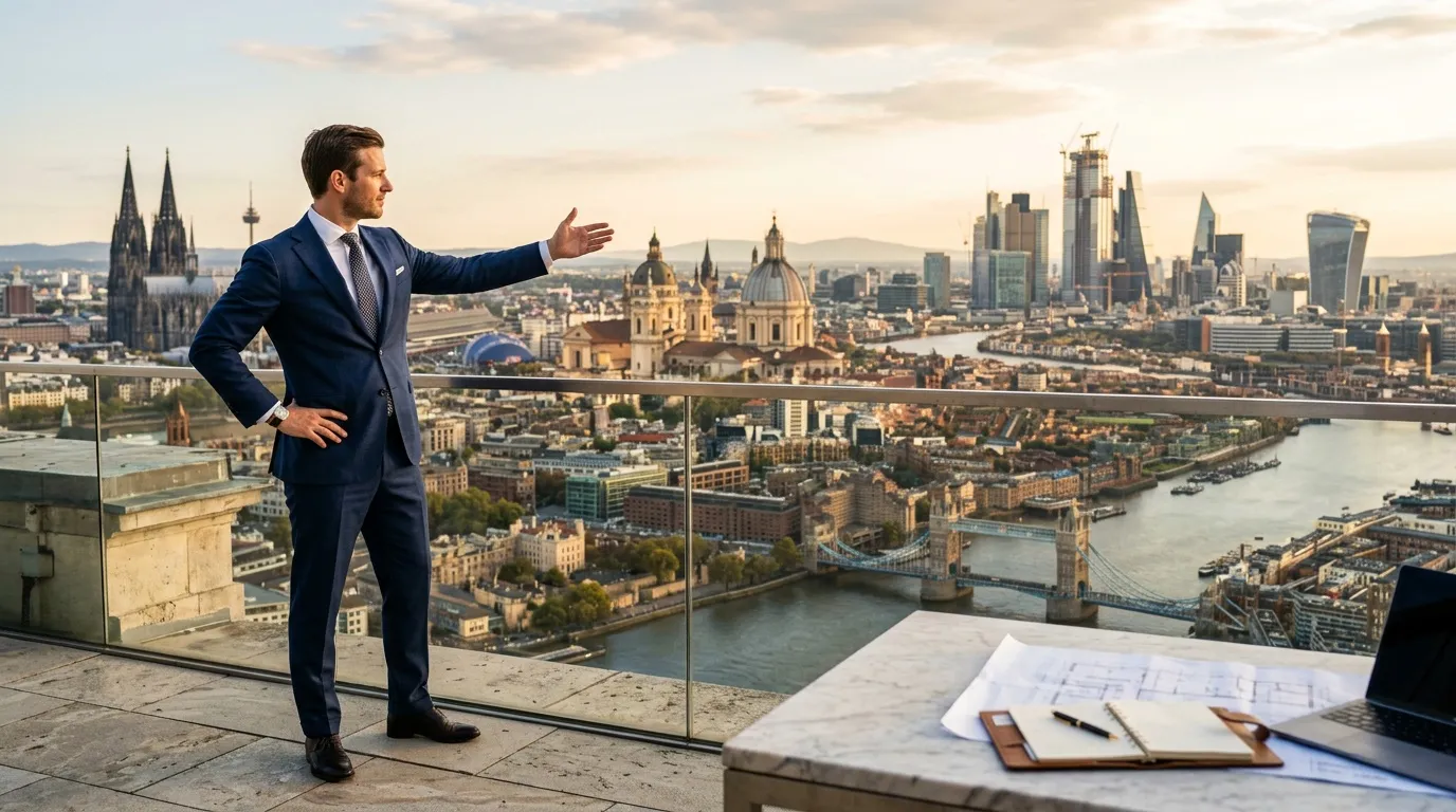 Homme d'affaires en costume bleu contemplant panorama urbain Londres