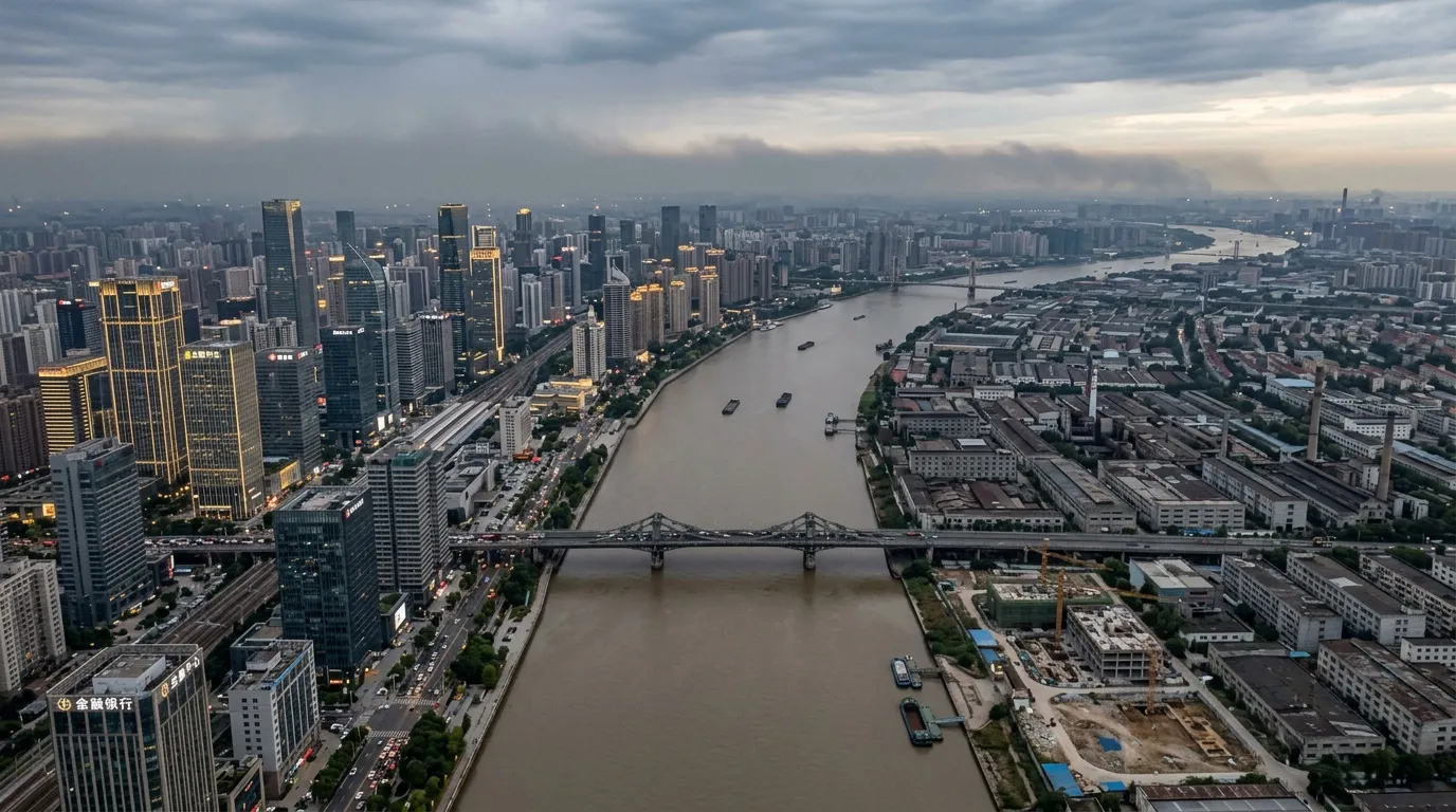 Skyline urbain avec fleuve et ponts au coucher de soleil