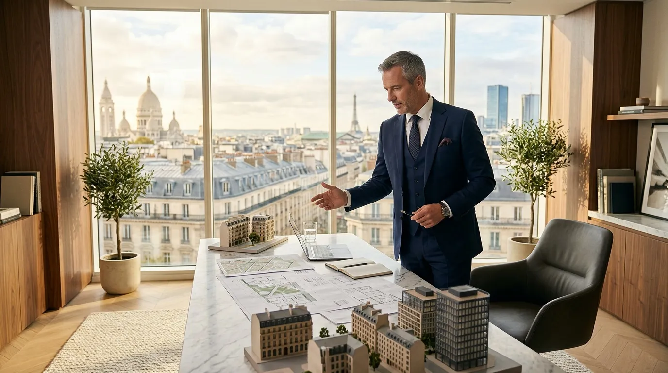 Homme en costume présentant maquettes architecturales avec vue Paris