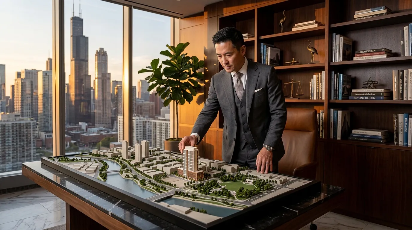 Homme en costume examine maquette architecturale avec vue Chicago