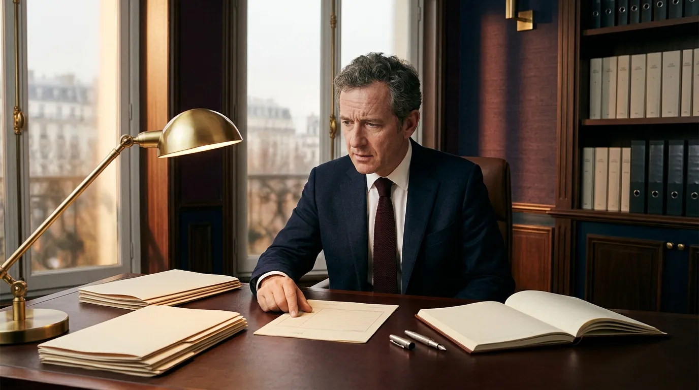 Homme en costume consultant documents à son bureau élégant