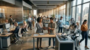 Équipe travaillant dans un bureau futuriste avec robots