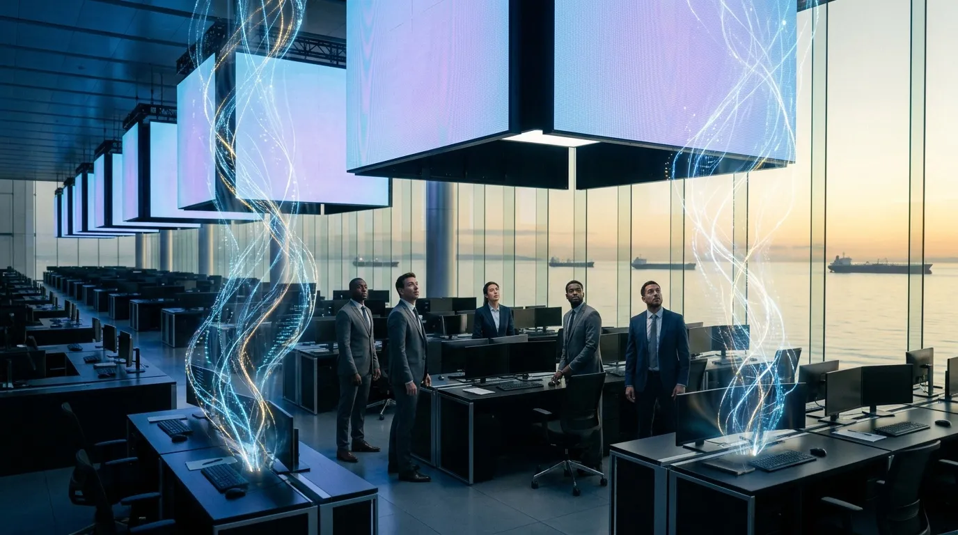 Hommes d'affaires dans bureau high-tech avec visualisations numériques