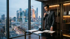 Homme d'affaires en costume devant panorama urbain