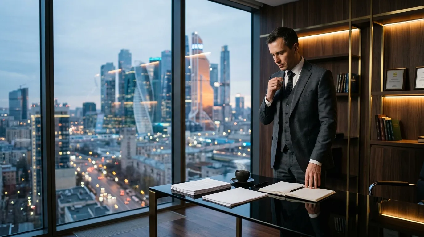 Homme d'affaires en costume devant panorama urbain