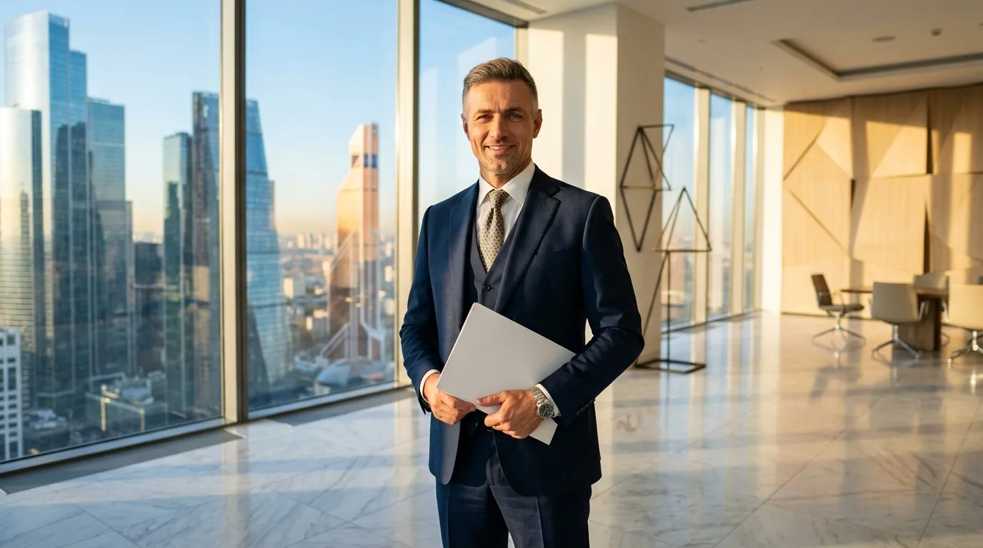 Homme en costume bleu tenant tablette, gratte-ciels en arrière-plan
