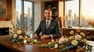 Homme en costume dans un bureau moderne avec vue urbaine