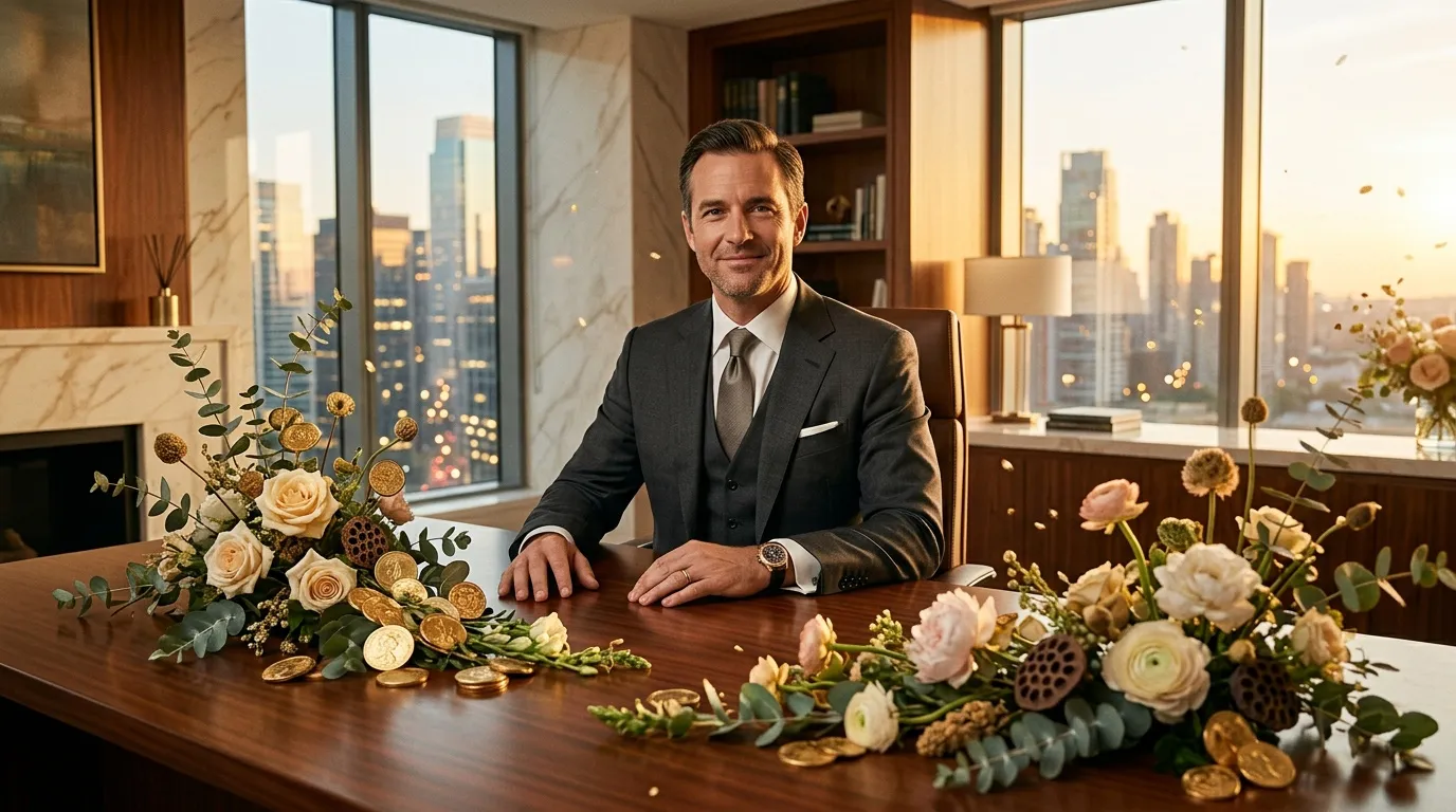 Homme en costume dans un bureau moderne avec vue urbaine