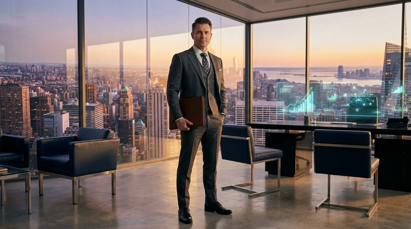Homme d'affaires en costume dans bureau avec vue Manhattan