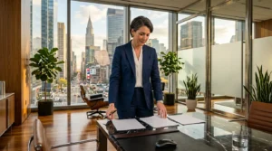 Femme d'affaires en blazer bleu dans bureau avec vue panoramique New York