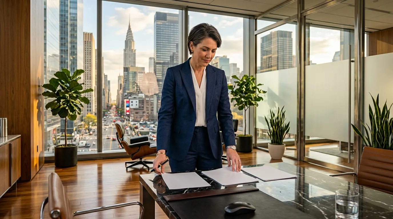 Femme d'affaires en blazer bleu dans bureau avec vue panoramique New York