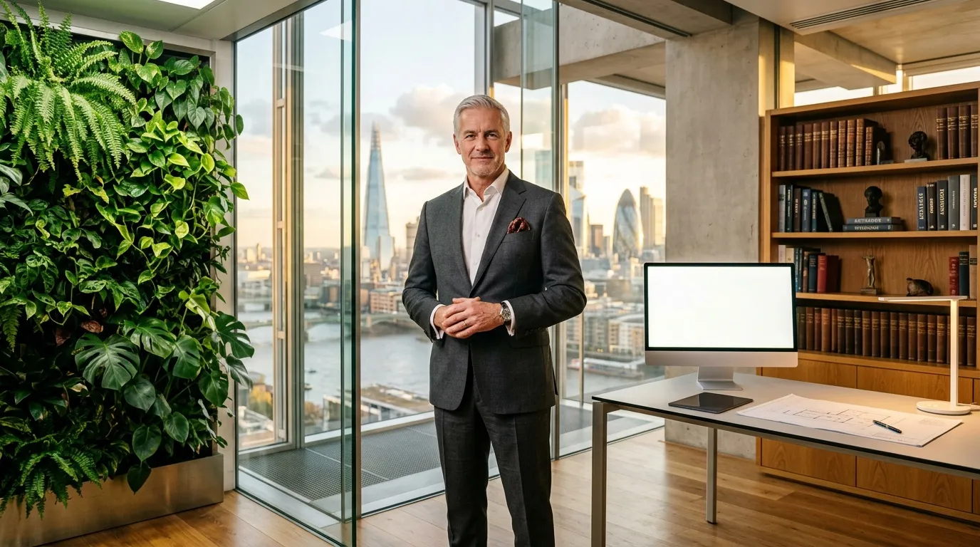 Homme d'affaires en costume dans bureau haut de gamme avec vue urbaine