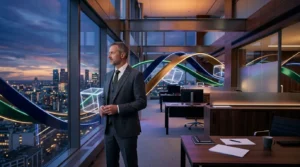 Homme d'affaires regardant cityscape illuminée depuis bureau moderne