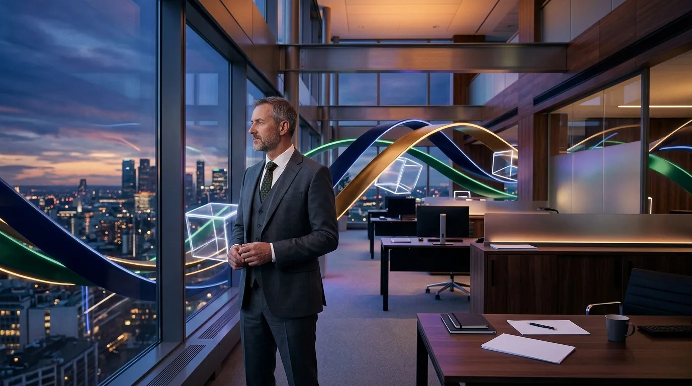 Homme d'affaires regardant cityscape illuminée depuis bureau moderne