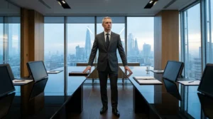 Homme d'affaires en costume dans bureau moderne panoramique