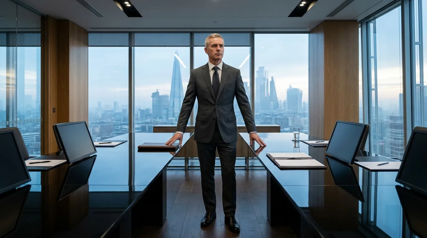 Homme d'affaires en costume dans bureau moderne panoramique
