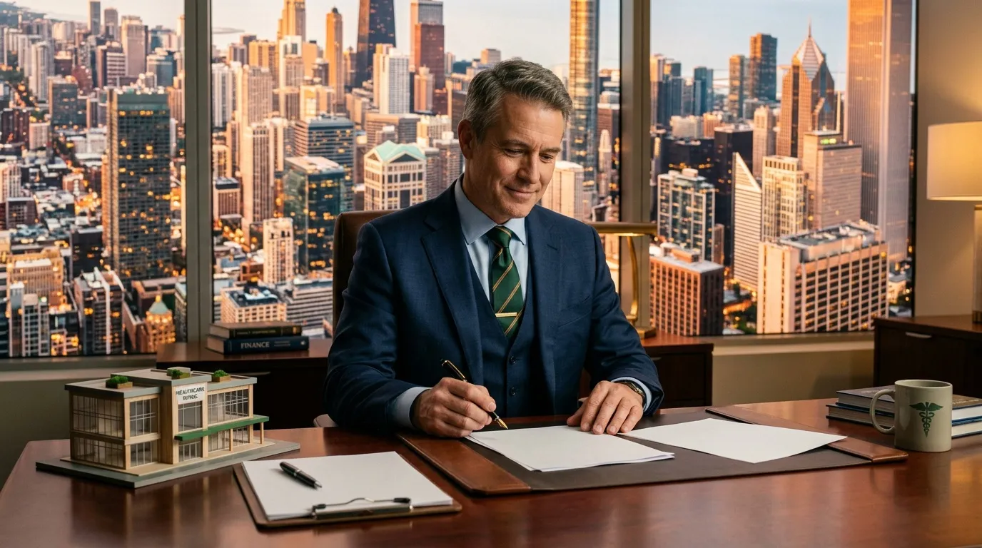 Homme d'affaires signant documents dans bureau avec vue skyline.