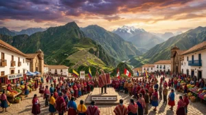 Foule en vêtements traditionnels dans vallée montagneuse andine