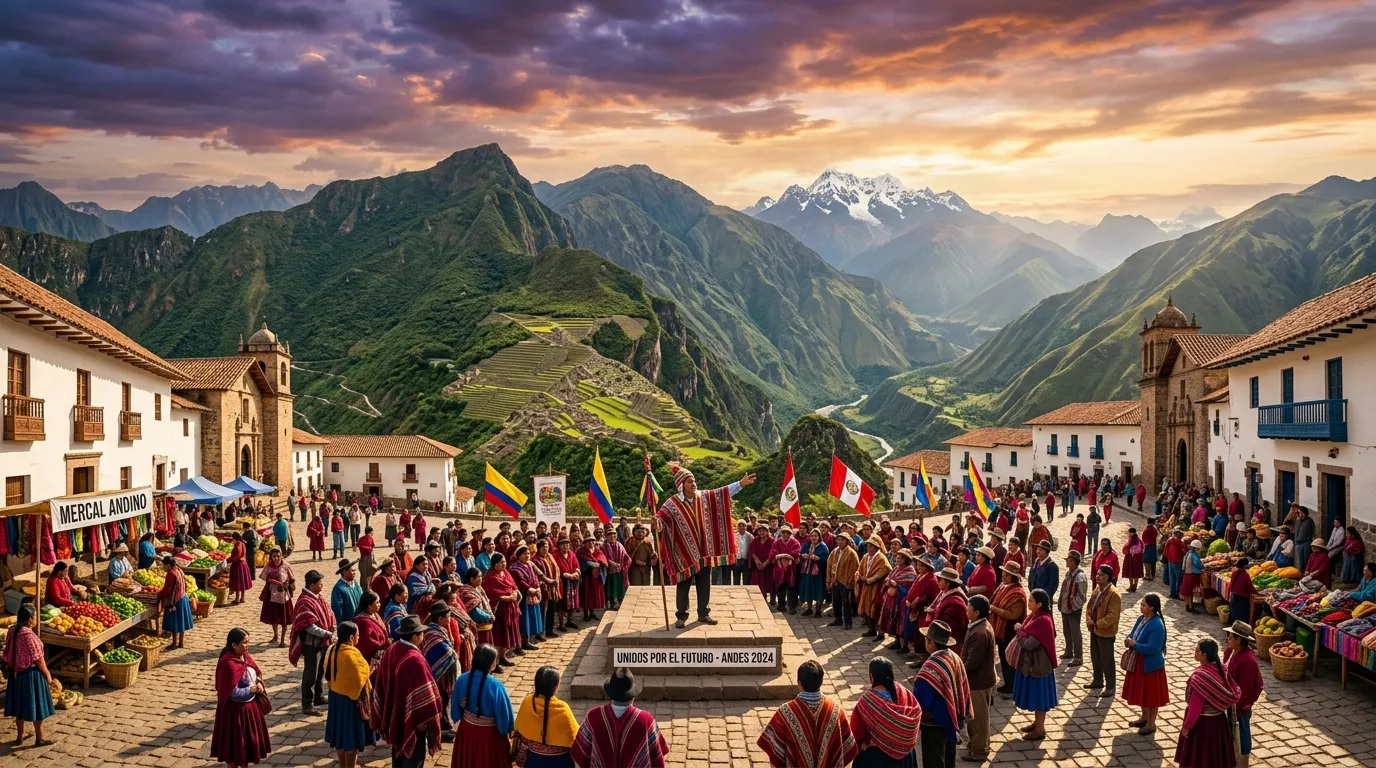 Foule en vêtements traditionnels dans vallée montagneuse andine