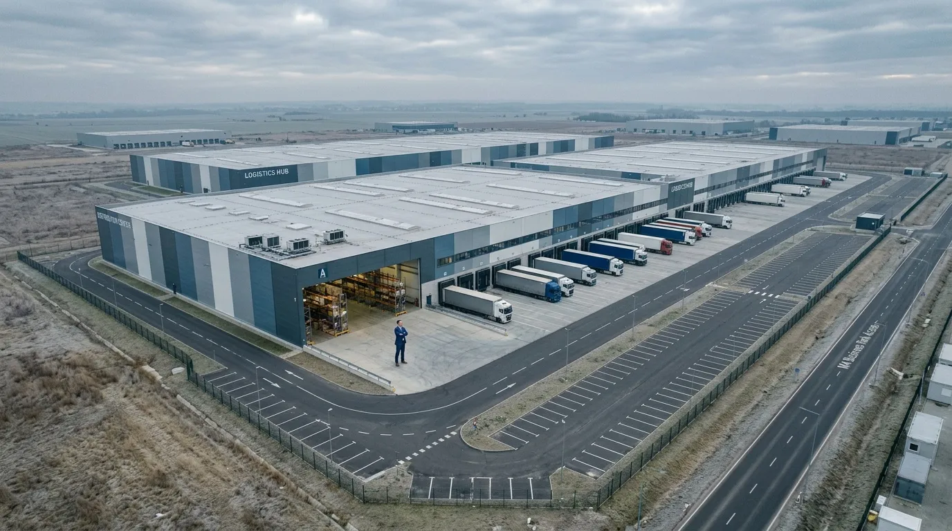 Grand entrepôt logistique avec camions de livraison stationnés