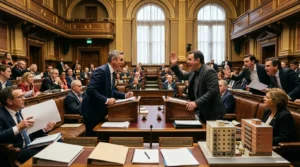 Deux politiciens débattent en hémicycle devant assemblée