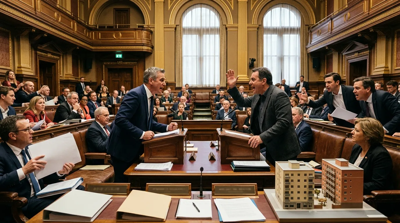 Deux politiciens débattent en hémicycle devant assemblée