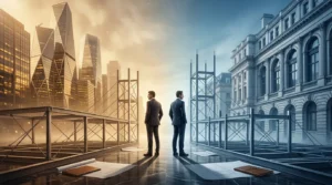 Deux hommes d'affaires contemplent des horizons urbains distincts et contrastés.