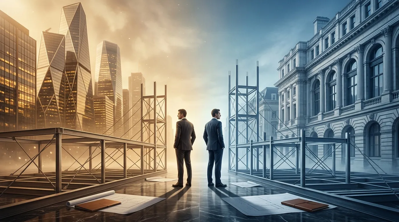 Deux hommes d'affaires contemplent des horizons urbains distincts et contrastés.