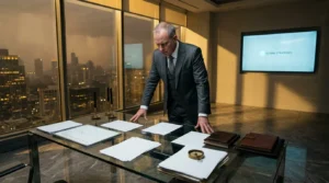 Homme d'affaires en costume consultant documents sur table de verre