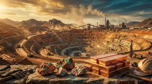 Mine à ciel ouvert avec minerai de cuivre et lingots d'or