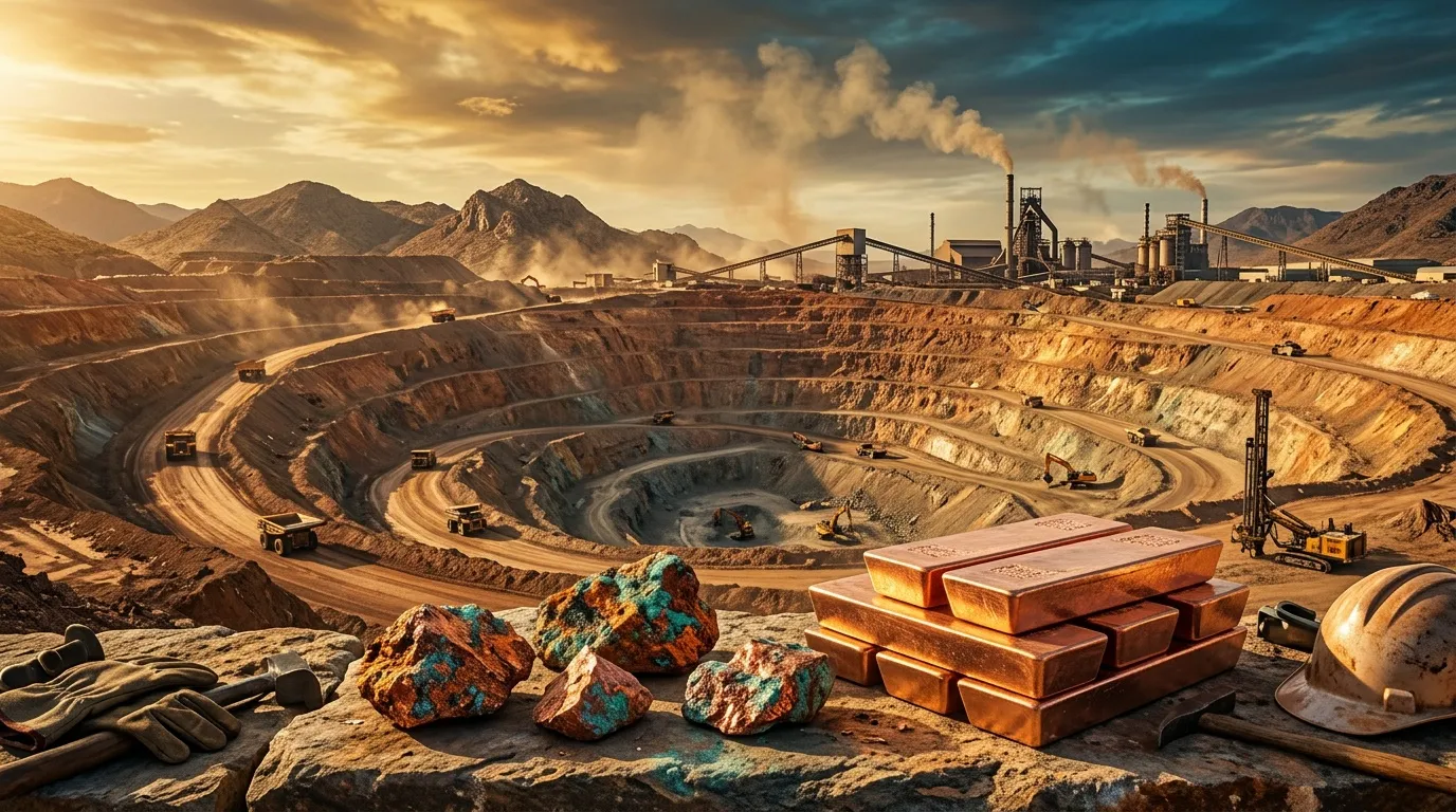 Mine à ciel ouvert avec minerai de cuivre et lingots d'or
