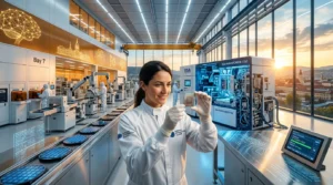 Scientifique en blouse blanche tenant microprocesseur en laboratoire
