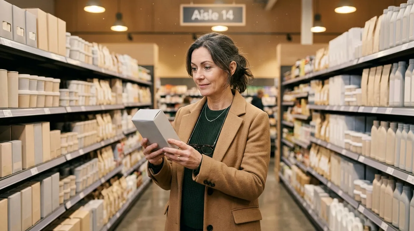 Femme avec tablette dans allée supermarché entre rayons produits