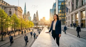 Femme en costume bleu marchant dans la City de Londres