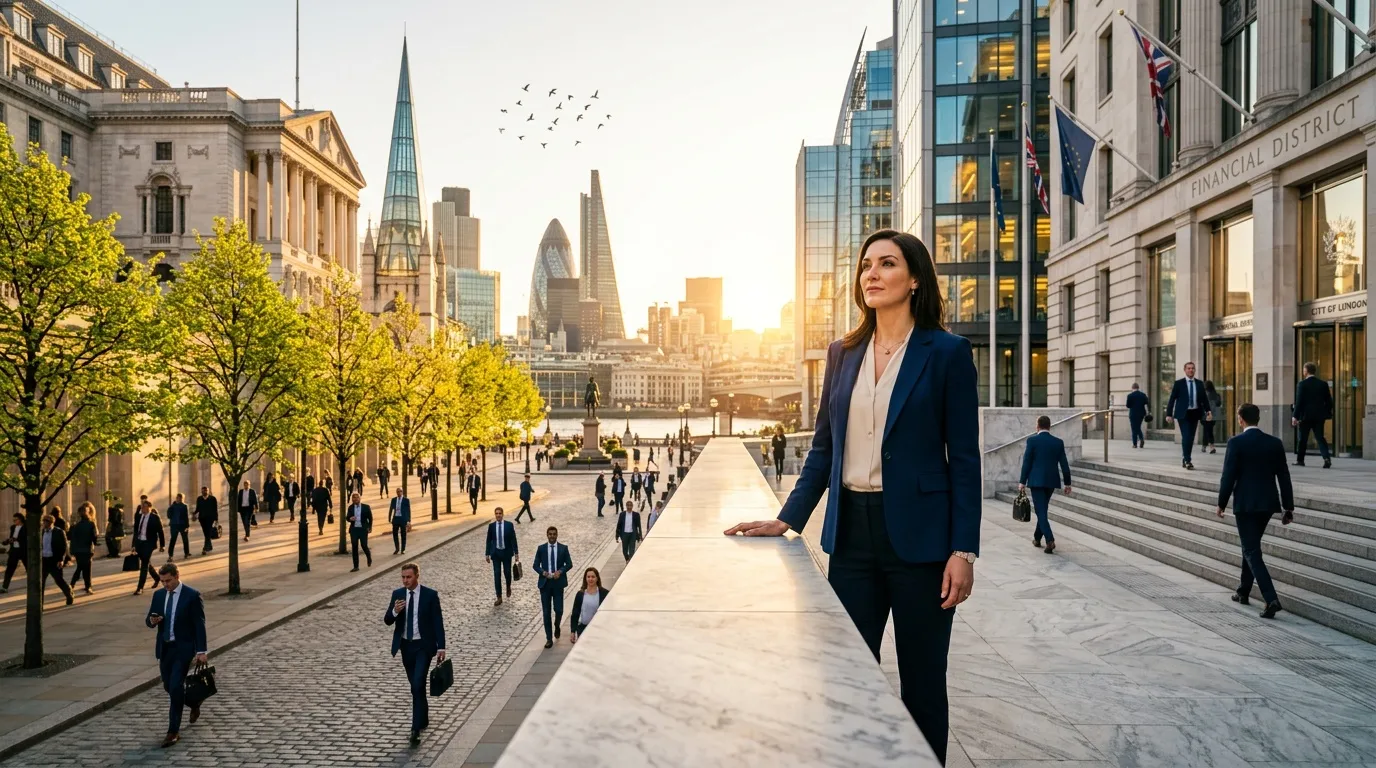 Femme en costume bleu marchant dans la City de Londres