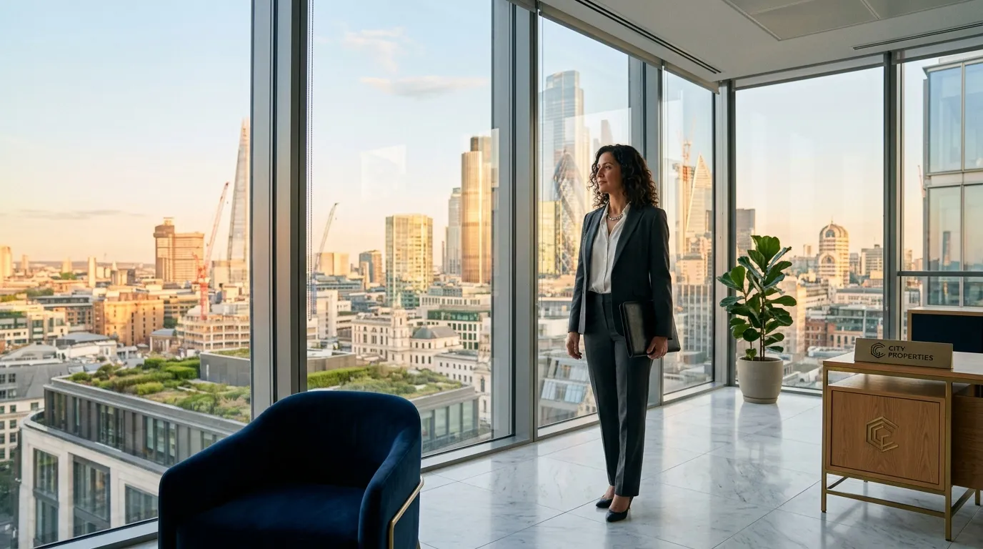 Femme en costume dans un bureau avec vue sur gratte-ciels