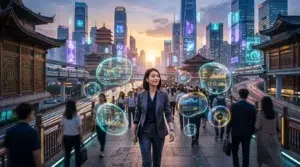 Femme d'affaires marche dans une métropole numérique high-tech