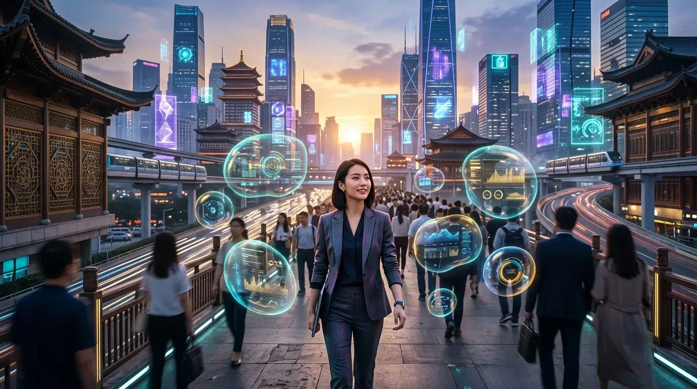 Femme d'affaires marche dans une métropole numérique high-tech