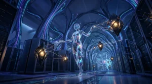 Silhouette holographique lumineuse dans corridor futuriste bleu