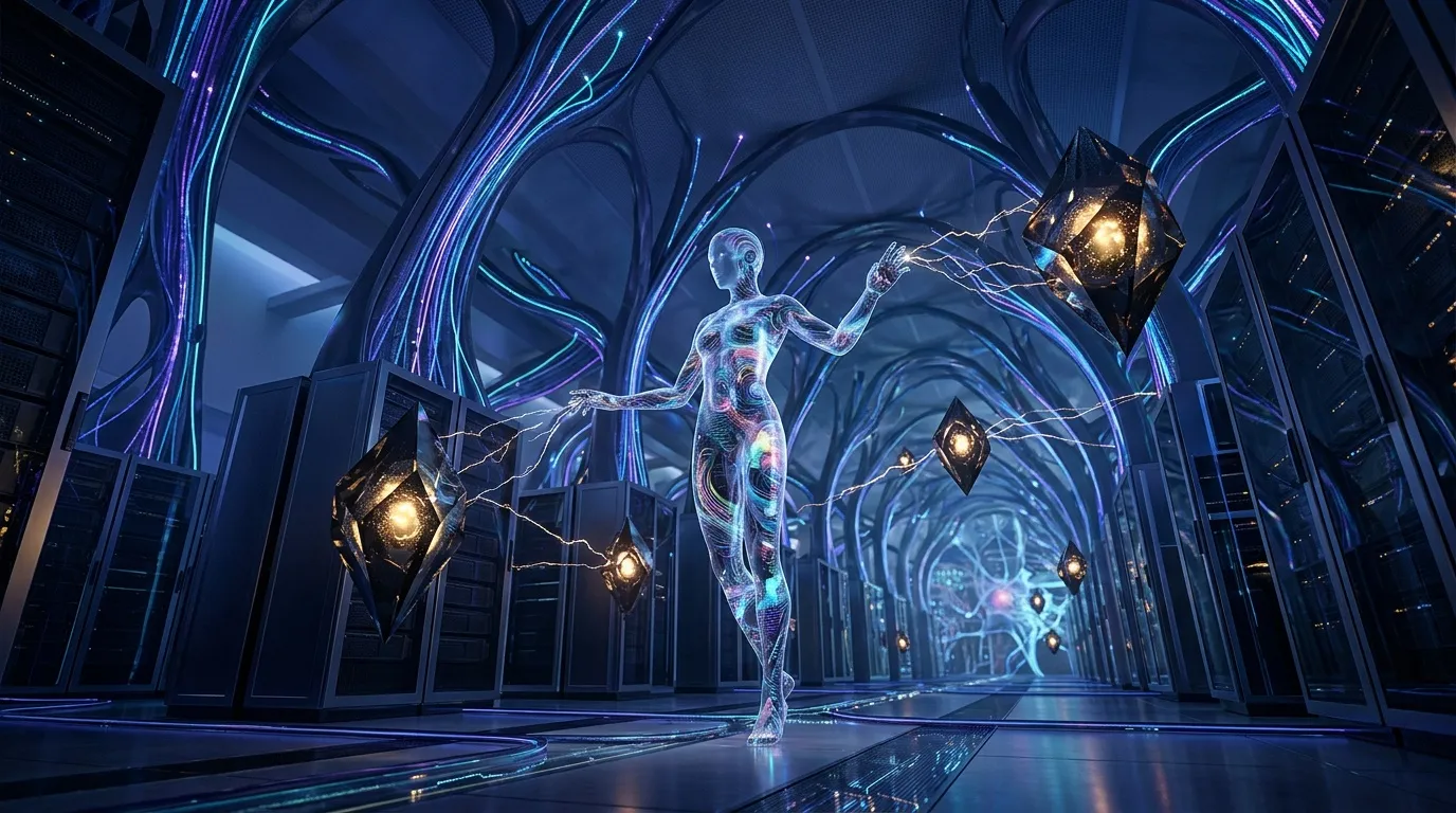 Silhouette holographique lumineuse dans corridor futuriste bleu