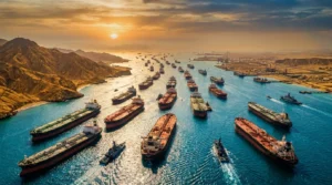 Nombreux navires-citernes ancrés dans golfe désertique