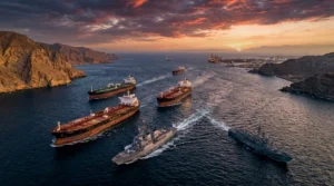 Navires pétroliers et militaires en rade côtière au coucher de soleil