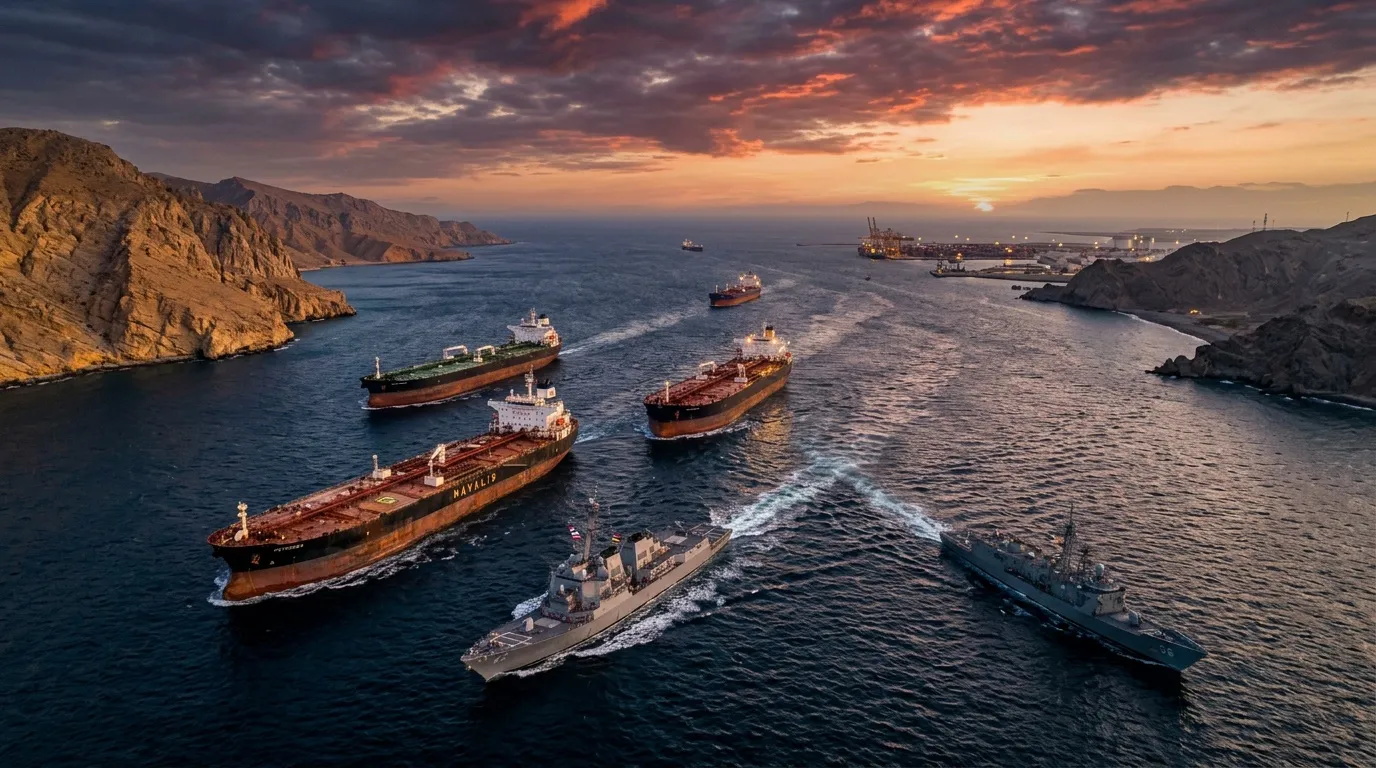 Navires pétroliers et militaires en rade côtière au coucher de soleil