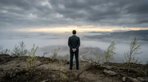 Homme en costume noir regardant vallée couverte de brouillard